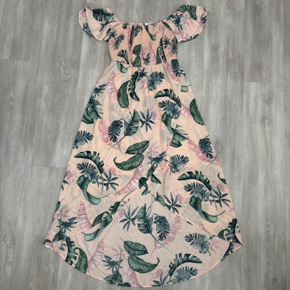 PinkBlush Tropical Palm Leaf Smocked High Low Lined Maxi Dress Peach Small